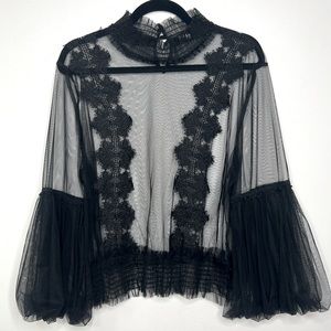 Woman Meshed Lace Top with Bell Sleeves